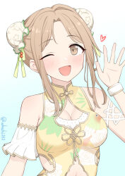 Rule 34 | 1girl, ;d, akahi242, bare shoulders, blush, brown eyes, brown hair, china dress, chinese clothes, cleavage cutout, clothing cutout, commentary, double bun, dress, hair bun, hair intakes, heart, highres, ichikawa hinana, idolmaster, idolmaster shiny colors, one eye closed, open mouth, parted bangs, simple background, sleeveless, sleeveless dress, smile, solo, twitter username, white background