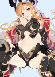 Rule 34 | 1girl, arm behind head, armor, black gloves, black thighhighs, blue background, blush, breastplate, breasts, brown eyes, cape, cleavage, elbow gloves, gloves, granblue fantasy, hair ornament, hairband, hand in own hair, head wings, large breasts, long hair, looking at viewer, navel, open mouth, orange hair, sidelocks, simple background, smile, solo, spread legs, squatting, tatami to hinoki, thighhighs, thighs, tweyen (granblue fantasy), white cape, wings