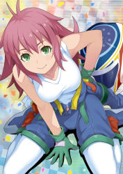 Rule 34 | 1girl, bare shoulders, blue footwear, breasts, closed mouth, gloves, green eyes, green gloves, highres, long hair, looking at viewer, maruto!, medium breasts, original, pantyhose, red hair, shirt, shoes, short sleeves, sitting, smile, solo, white pantyhose, white shirt
