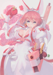 Rule 34 | 1girl, blue eyes, blush, breasts, cleavage, cleavage cutout, clothing cutout, clover, dress, elphelt valentine, female focus, flower, food, four-leaf clover, fruit, gloves, guilty gear, guilty gear xrd, gun, hairband, jewelry, large breasts, mouth hold, pink hair, rose, short hair, smile, solo, spikes, strawberry, tetsu (aurvandil), weapon