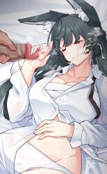 1boy 1girl animal_ear_fluff animal_ears black_hair breasts censored chest_sarashi cleavage collarbone cum cum_on_body cum_on_hair f-rhine facial fox_ears fox_girl groin hetero highres hoshimi_miyabi large_breasts long_hair lying mosaic_censoring on_back one_eye_closed panties penis red_eyes sarashi shirt underwear white_panties white_shirt zenless_zone_zero