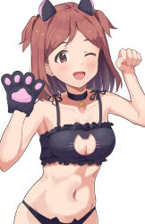 Rule 34 | animal ears, animal hands, aoba misaki, bell, black bra, black panties, blush, bra, bra strap, breasts, cat ears, cat lingerie, choker, cleavage, cleavage cutout, clothing cutout, dot nose, ebifu, fake animal ears, highres, idolmaster, idolmaster million live!, idolmaster million live! theater days, medium breasts, meme attire, navel, neck bell, one eye closed, open mouth, panties, parted bangs, paw pose, red eyes, red hair, short hair, simple background, two side up, underwear, upper body, white background