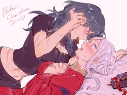 Rule 34 | 2girls, bed, blue eyes, blush, breasts, byleth (female) (fire emblem), byleth (fire emblem), chocolate, cleavage, closed mouth, couple, edelgard von hresvelg, fire emblem, fire emblem: three houses, hair ornament, hair ribbon, highres, large breasts, long hair, long sleeves, mizuno (iori-amu), multiple girls, navel, nintendo, open mouth, purple eyes, ribbon, short hair, simple background, smile, white hair, yuri