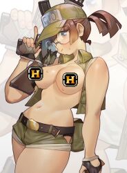 Rule 34 | 1girl, baseball cap, belt, belt pouch, breasts, brown hair, brown shorts, brown vest, censored, collared vest, crop top, cropped vest, fingerless gloves, fio germi, glasses, gloves, gun, hat, highres, hip vent, holding, holding gun, holding weapon, large breasts, metal slug, military hat, navel, novelty censor, open clothes, open vest, poch4n, ponytail, pouch, round eyewear, short shorts, shorts, sleeveless, sweat, sweatdrop, thick thighs, thighs, vest, weapon