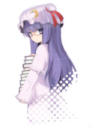 Rule 34 | 1girl, bad id, bad pixiv id, bespectacled, book, braid, crescent, crescent hat ornament, female focus, glasses, h@ll, hat, hat ornament, long hair, patchouli knowledge, purple eyes, purple hair, solo, touhou