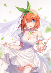 Rule 34 | 1girl, ;d, bare shoulders, bison cangshu, blue eyes, blurry, breasts, bridal veil, cleavage, clothes lift, collarbone, cowboy shot, criss-cross halter, depth of field, dress, dress lift, garter straps, gloves, go-toubun no hanayome, hair between eyes, hair ribbon, halter dress, halterneck, heart, highres, holding hands, lifted by self, looking at viewer, medium breasts, nakano yotsuba, one eye closed, open mouth, orange hair, pov, pov hands, ribbon, short hair, smile, solo, solo focus, standing, thighhighs, veil, wedding dress, white gloves, white thighhighs