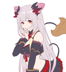 Rule 34 | 1girl, absurdres, bare shoulders, black skirt, breasts, cleavage, cone hair bun, covering own mouth, crop top, demon girl, demon tail, detached sleeves, enkyo yuuichirou, grey hair, grin, hair bun, hand over own mouth, highres, honey strap, horns, laughing, leaning forward, long hair, long sleeves, looking at viewer, nail polish, nanashi inc., pleated skirt, pointy ears, red eyes, red nails, simple background, skirt, smile, smug, solo, suou patra, tail, upper body, virtual youtuber, white background