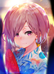 Rule 34 | 1girl, alternate costume, animal print, blurry, blurry background, blush, closed mouth, commentary request, depth of field, enj!, fate/grand order, fate (series), fish print, floral print, goldfish print, hand fan, head tilt, highres, japanese clothes, kimono, looking at viewer, mash kyrielight, nose blush, paper fan, print kimono, purple eyes, purple hair, short hair, smile, solo, uchiwa, white kimono