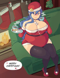 Rule 34 | 1girl, absurdres, blue eyes, blue hair, blush, breasts, christmas, christmas stocking, cleavage, elbow gloves, fairy tail, fat, female focus, full body, gloves, highres, huge breasts, juvia lockser, long hair, looking at viewer, matching hair/eyes, softservice, solo, speech bubble, thick thighs, thighhighs, thighs, wide hips