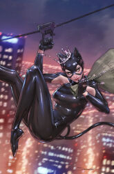 Rule 34 | 1girl, blurry, catwoman, cityscape, crown, dc comics, depth of field, green eyes, highres, holding, holding sack, jee-hyung lee, jewelry, outdoors, sack, zipline