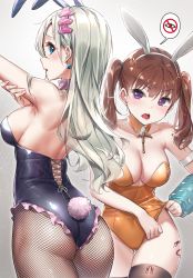 Rule 34 | 2girls, :o, absurdres, animal ears, arm strap, arm up, arm warmers, armpits, ass, bare shoulders, black legwear, black leotard, blue eyes, blush, breasts, brown hair, cleavage, collarbone, cowgirl position, detached collar, diane (nanatsu no taizai), earrings, elizabeth liones, fake animal ears, fake tail, fishnet legwear, fishnets, frilled leotard, frills, from behind, gluteal fold, gradient background, grey background, hairband, highres, jewelry, large breasts, leotard, long hair, looking at viewer, looking back, medium breasts, multiple girls, nail polish, nanatsu no taizai, open mouth, orange leotard, pantyhose, pink hairband, pink nails, playboy bunny, purple eyes, rabbit ears, rabbit tail, scythe, sideboob, silver hair, speech bubble, straddling, strapless, strapless leotard, tail, tattoo, thigh gap, thighhighs, twintails, v-shaped eyebrows, wet.elephant, white hairband