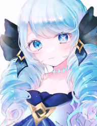 Rule 34 | 1girl, ahoge, blue eyes, blue hair, blush, closed mouth, dress, drill hair, frills, gwen (league of legends), hair ornament, hair ribbon, highres, jewelry, league of legends, long hair, looking at viewer, necklace, ribbon, sameta (sametadayo), simple background, smile, solo, star-shaped pupils, star (symbol), symbol-shaped pupils, white dress