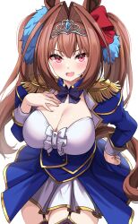 Rule 34 | 1girl, aiguillette, animal ears, antenna hair, blush, bow, bowtie, breasts, brown hair, buttons, center frills, cleavage, daiwa scarlet (umamusume), double-breasted, fang, frills, garter straps, hair intakes, hand on own chest, highres, horse ears, horse girl, juliet sleeves, kibihimi, large breasts, long hair, long sleeves, looking at viewer, miniskirt, open mouth, puffy sleeves, purple bow, purple bowtie, red eyes, sidelocks, simple background, skin fang, skirt, smile, solo, tiara, twintails, umamusume, very long hair, white background, white skirt