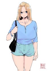 Rule 34 | 1girl, artist name, bag, bangs pinned back, blonde hair, blue eyes, blue shirt, bracelet, breasts, casual, closed mouth, collarbone, commentary, cowboy shot, english commentary, glasses, green shorts, hair pulled back, handbag, highres, inne sulistya robin, jewelry, large breasts, long hair, looking at viewer, necklace, norman maggot, original, pink lips, shirt, short shorts, shorts, simple background, solo, standing, teacher, thighs, white background