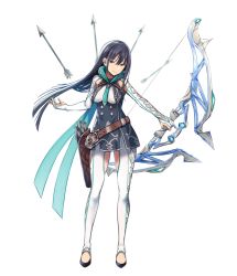 Rule 34 | 1girl, armpit cutout, arrow (projectile), black hair, bow (weapon), breasts, clothing cutout, full body, gloves, long hair, looking at viewer, mappaninatta, medium breasts, partially fingerless gloves, pawahara seijo, quiver, solo, thigh cutout, weapon, white background