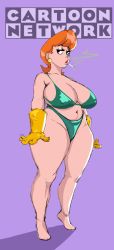 Rule 34 | 1girl, arms at sides, barefoot, bikini, black eyes, breasts, cartoon network, cigarette, cleavage, dexter&#039;s laboratory, dexter&#039;s mom, earrings, feet, female focus, full body, gloves, green bikini, groin, highres, huge breasts, jewelry, legs, looking at viewer, mature female, navel, no toes, orange hair, purple background, short hair, simple background, smoking, solo, standing, stud earrings, swimsuit, thick thighs, thighs, ultivlad