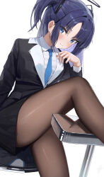 Rule 34 | 1girl, absurdres, black jacket, black skirt, blazer, blue archive, blue eyes, blue necktie, blush, brown pantyhose, feet out of frame, hidulume, highres, jacket, knee up, looking at viewer, necktie, pantyhose, purple hair, shirt, simple background, skirt, smile, solo, white background, white shirt, yuuka (blue archive)