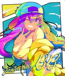 Rule 34 | 1girl, aqua nails, backwards hat, bare shoulders, baseball cap, bb (fate), bb (fate/extra), bb (swimsuit mooncancer) (first ascension) (fate), berryverrine, braid, breasts, character name, fate/grand order, fate (series), hat, highres, jacket, large breasts, long hair, looking at viewer, nail polish, off shoulder, one eye closed, pink nails, polka dot, purple eyes, smile, solo, star (symbol), summer, teeth, upper body, v, yellow jacket