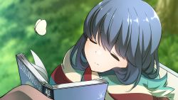 Rule 34 | 1girl, blue hair, blurry, blurry background, book, bug, butterfly, close-up, closed eyes, highres, insect, outdoors, scarf, shima rin, sleeping, smile, solo, yasu (pixiv), yurucamp