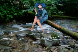 Rule 34 | 1girl, backpack, bag, blue eyes, blue hair, female focus, forest, hair bobbles, hair ornament, hat, kawashiro nitori, looking at viewer, matching hair/eyes, nature, river, rock, shirt, sitting, skirt, skirt set, sleeves pushed up, soaking feet, solo, touhou, tree, twintails, two side up, water, wtuw