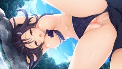 Rule 34 | 1boy, 1girl, bikini, bikini bottom aside, bikini pull, black hair, breasts, censored, clothed sex, clothes pull, clothing aside, day, floral print, game cg, hanging breasts, hetero, highres, large breasts, long hair, mikagami mamizu, mosaic censoring, navel, nipples, official art, open mouth, outdoors, penis, pieces / wataridori no somnium, pussy, sex, solo focus, swimsuit, takanashi tsumugi (pieces), thighs, upside-down, vaginal, water