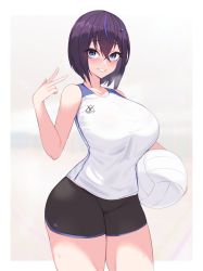 Rule 34 | 1girl, ball, black hair, breasts, breath, commentary, crossed bangs, gym shorts, heart, heart-shaped pupils, heavy breathing, highres, kuavera, large breasts, miyako (kuavera), mole, mole under mouth, multicolored hair, original, purple hair, shirt, shorts, simple background, sleeveless, sleeveless shirt, sportswear, streaked hair, symbol-only commentary, symbol-shaped pupils, v, volleyball, volleyball (object), volleyball uniform