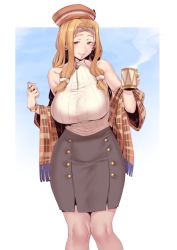 Rule 34 | 1girl, aztec, bare shoulders, blonde hair, blue background, border, bracelet, breasts, casual, chin piercing, commentary request, cup, curvy, earrings, fate/grand order, fate (series), green eyes, green nails, grey skirt, hat, highres, holding, holding cup, hoop earrings, jewelry, large breasts, low tied hair, nail polish, nakamura regura, orange hat, plaid, plaid scarf, quetzalcoatl (fate), quetzalcoatl (hot chocolatl) (fate), ribbed shirt, ring, scarf, shirt, sidelocks, skirt, sleeveless, sleeveless shirt, smile, solo, steam, white border, zipper pull tab