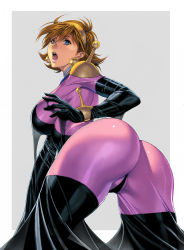 Rule 34 | 1girl, ass, blue eyes, bodysuit, breasts, brown hair, choker, curvy, earrings, elbow gloves, female focus, g gundam, gloves, grey background, gundam, hairband, highres, homare (fool&#039;s art), huge ass, jewelry, large breasts, lips, looking back, mobile trace suit, open mouth, rain mikamura, shiny clothes, short hair, skin tight, solo, thick thighs, thighhighs, thighs, wide hips