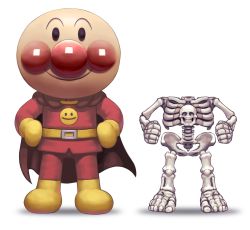Rule 34 | 1boy, anpanman, anpanman (character), cape, closed mouth, gloves, hands on own hips, highres, looking at viewer, male focus, pants, parody, red cape, red pants, red shirt, sakkan, shirt, simple background, skeleton, smile, smiley face, white background, yellow footwear, yellow gloves