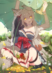 Rule 34 | 1girl, :d, acorn, animal ears, animal on arm, apple, arm up, bandaged arm, bandages, bare shoulders, barefoot, bird, bird on arm, black dress, blurry, blush, breasts, cleavage, depth of field, dress, earrings, food, fox ears, fox tail, fruit, ginkgo tree, ginkgo leaf, grass, hair between eyes, highres, indian style, jewelry, large breasts, leaf, leaf umbrella, long hair, on ground, open mouth, original, outdoors, red ribbon, ribbon, sitting, smile, sparkle, squirrel, tail, thigh strap, very long hair, water, yellow eyes, yuzhi