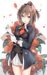 Rule 34 | 1girl, ascot, belt, belt buckle, blue eyes, blush, breasts, brown belt, brown hair, buckle, cowboy shot, flower, gloves, hair between eyes, highres, jenson tw, kantai collection, long hair, long sleeves, medium breasts, messy hair, military, military uniform, open mouth, petals, pleated skirt, ponytail, red ascot, red flower, red rose, rose, rose petals, sheffield (kancolle), simple background, skirt, solo, uniform, white background, white gloves, white skirt