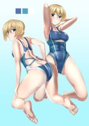 Rule 34 | 10s, 1girl, :/, abs, absurdres, armpits, arms behind head, ass, bad id, bad pixiv id, blonde hair, blue background, blue eyes, blush, breasts, butt crack, cleavage, clothing cutout, competition swimsuit, darjeeling (girls und panzer), girls und panzer, highres, kneeling, large breasts, multiple views, one-piece swimsuit, orange (sal1014), sideboob, sky, swimsuit, thighs, underboob, underboob cutout, wet