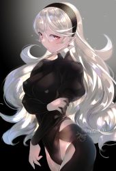 Rule 34 | 1girl, bad id, bad twitter id, breasts, corrin (female) (fire emblem), corrin (fire emblem), cosplay, embarrassed, fire emblem, fire emblem fates, long hair, looking at viewer, medium breasts, negiwo, nintendo, pointy ears, red eyes, smile, solo, thighhighs, white hair