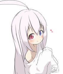 Rule 34 | 1girl, ahoge, blue eyes, blush, closed mouth, collarbone, commentary request, hair between eyes, hands up, heart, heterochromia, highres, idaten93, long sleeves, looking at viewer, looking to the side, off shoulder, original, oversized clothes, oversized shirt, red eyes, ruua (idaten93), shirt, signature, simple background, sleeves past fingers, sleeves past wrists, smile, solo, upper body, white background, white shirt