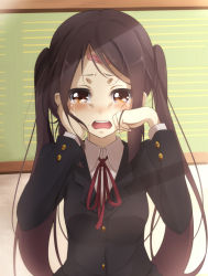 Rule 34 | 1girl, bandaid, bandaid on face, bandaid on forehead, black hair, bow, brown eyes, chalkboard, crying, crying with eyes open, highres, k-on!, kujou ichiso, md5 mismatch, nakano azusa, neck ribbon, red ribbon, ribbon, school uniform, solo, tears, twintails