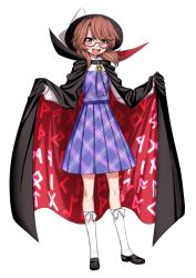 Rule 34 | 1girl, bow, brown eyes, brown hair, cape, clothes writing, glasses, hat, hat bow, kumadano, open mouth, red-framed eyewear, runes, solo, touhou, usami sumireko