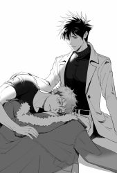 Rule 34 | 2boys, aged up, belt, buttons, closed mouth, coat, unworn coat, eilinna, facial mark, fur-trimmed coat, fur trim, fushiguro megumi, greyscale, hair between eyes, hand on another&#039;s arm, highres, itadori yuuji, jacket, jujutsu kaisen, long sleeves, looking at another, looking to the side, male focus, monochrome, multiple boys, on lap, open clothes, open coat, pants, shirt, short hair, short sleeves, smile, spiked hair, sweater, toned, toned male, turtleneck, turtleneck sweater, yaoi