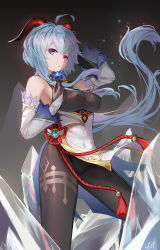 Rule 34 | 1girl, absurdres, ahoge, bare shoulders, bell, black gloves, black pantyhose, blue eyes, blue hair, bodystocking, breasts, cowbell, cowboy shot, curled horns, detached sleeves, flower, flower knot, ganyu (genshin impact), genshin impact, gloves, hands up, highres, holding, holding flower, horns, huijin zhi ling, ice, long hair, long sleeves, looking at viewer, looking to the side, medium breasts, messy hair, navel, pantyhose, parted lips, pelvic curtain, sidelocks, solo, standing, tassel