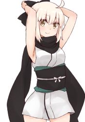Rule 34 | 1girl, ahoge, arms up, bare arms, bare shoulders, black bow, black scarf, blush, bow, breasts, brown eyes, closed mouth, cowboy shot, fate/grand order, fate (series), hair between eyes, hair bow, i.u.y, japanese clothes, kimono, koha-ace, light brown hair, obi, okita souji (fate), okita souji (koha-ace), sash, scarf, short kimono, simple background, sleeveless, sleeveless kimono, small breasts, smile, solo, white background, white kimono