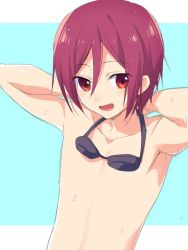 Rule 34 | 10s, 1boy, arms up, fang, free!, goggles, goggles around neck, looking at viewer, male focus, maroon hair, matsuoka rin, mo (nmnme), no nipples, open mouth, red eyes, red hair, short hair, smile, solo, wet