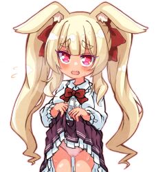 Rule 34 | 1girl, animal ears, blonde hair, bow, breasts, clothes lift, collared shirt, commentary request, dress shirt, ears down, etrian odyssey, flying sweatdrops, frilled skirt, frills, gluteal fold, hair bow, heart, heart-shaped pupils, long hair, long sleeves, masurao (sekaiju), masurao 2 (sekaiju), medium breasts, panties, pink panties, puffy long sleeves, puffy sleeves, purple skirt, rabbit ears, red bow, red eyes, sekaiju no meikyuu, sekaiju no meikyuu 5, shirt, short eyebrows, simple background, skirt, skirt lift, solo, standing, sweat, symbol-shaped pupils, thick eyebrows, twintails, underwear, very long hair, wacho (nanto wachou ken), white background, white shirt