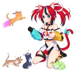 Rule 34 | 1girl, :3, animal ears, animalization, bell, belt, blue eyes, blush, bow, cat, cat ears, cat girl, cat tail, ceres fauna, closed mouth, collar, cropped shirt, detached sleeves, gloves, hair between eyes, hakos baelz, highres, hololive, hololive english, jingle bell, kneeling, long sleeves, midriff, miniskirt, multicolored clothes, multicolored hair, multicolored skirt, nanashi mumei, navel, off-shoulder shirt, off shoulder, ouro kronii, paw pose, pleated skirt, red hair, shirt, simple background, single glove, skirt, smile, solo, spiked collar, spikes, streaked hair, tail, tail bow, tail ornament, tsukumo sana, twintails, twitter username, virtual youtuber, white background, yoako