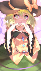 Rule 34 | 1girl, blush, frilled shirt collar, frilled sleeves, frills, gem, green eyes, green hair, green skirt, hair between eyes, hat, hat ribbon, heart, heart background, heart hands, heart of string, highres, komeiji koishi, long sleeves, looking at viewer, open mouth, pink background, ribbon, shirt, short hair, simple background, skirt, solo, tamiku (shisyamo609), third eye, touhou, wide sleeves, yellow ribbon, yellow shirt