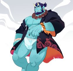 Rule 34 | 1boy, abs, bara, bare pectorals, bead necklace, beads, beard, black hair, blue oni (saltypoundcake), blue skin, bulge, chest hair, colored skin, erection, erection under clothes, facial hair, fang, feet out of frame, giant, giant male, hachimaki, hairy, happi, headband, highres, horns, japanese clothes, jewelry, kimono, large pectorals, leg hair, loincloth, looking at viewer, male focus, male underwear, monster boy, muscular, navel hair, necklace, nipples, oni, oni horns, open clothes, open kimono, original, pectorals, pointy ears, saltypoundcake, short hair, single bare shoulder, smile, solo, stomach, thick eyebrows, thick thighs, thighs, underwear, white male underwear