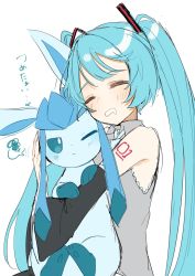 Rule 34 | 2girls, animal hands, armpit crease, blue hair, blue nails, blue necktie, closed eyes, closed mouth, collared shirt, creatures (company), crossover, frilled shirt, frills, game freak, gen 4 pokemon, glaceon, grey shirt, hair ornament, hatsune miku, heart, highres, holding, holding pokemon, hug, multiple girls, nail polish, necktie, nintendo, one eye closed, open mouth, pokemon, pokemon (creature), pokemon ears, reirou (chokoonnpu), saliva, shirt, simple background, sketch, sleeveless, sleeveless shirt, tattoo, twintails, vocaloid, white background
