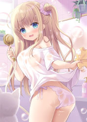 Rule 34 | 1girl, aqua eyes, ass, back, bathroom, blush, breasts, brown hair, bubble, cat, clothes lift, commentary request, embarrassed, hair bun, hair ornament, hair scrunchie, highres, holding, holding shower head, holding sponge, hoshimame mana, indoors, long hair, looking at viewer, medium breasts, mirror, moe2022, open mouth, original, panties, pink panties, plant, potted plant, scrunchie, see-through, see-through shirt, shirt, shirt lift, short sleeves, shower head, side-tie panties, single hair bun, soap bottle, solo, sponge, standing, tile wall, tiles, twisted torso, underwear, wet, wet clothes, wet shirt, white shirt, window
