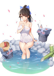 Rule 34 | &gt; &lt;, 1girl, :3, :d, alcohol, azur lane, bare arms, bare shoulders, blouse, blue shirt, blush, bow, breasts, brown eyes, brown hair, cleavage, closed mouth, collarbone, cup, closed eyes, hair bow, hair ears, hand up, high ponytail, highres, large breasts, long hair, naked towel, navel, onsen, open mouth, petals, petals on liquid, ponytail, rock, sake, shirt, simple background, sitting, smile, soaking feet, solo, takao (azur lane), thighs, towel, water, white background, yuxian youka