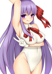 Rule 34 | 1girl, :q, arm up, armpits, bb (fate), bb (fate) (all), bb (swimsuit mooncancer) (fate), bb (swimsuit mooncancer) (third ascension) (fate), breasts, covered navel, fate/grand order, fate (series), gloves, hair ribbon, large breasts, leotard, long hair, looking at viewer, purple eyes, purple hair, red ribbon, ribbon, simple background, sleeveless, solo, tongue, tongue out, toshishikisai, v, very long hair, white background, white gloves, white leotard