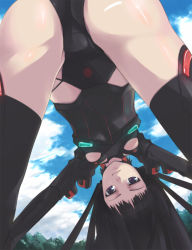 Rule 34 | 00s, 1girl, akinaie, ar tonelico, ar tonelico ii, armor, ass, black hair, black thighhighs, bodysuit, breastplate, breasts, clothing cutout, cloud, crotch, day, dutch angle, floating hair, from behind, from below, gust, hands on own knees, highleg, highleg leotard, jakuri (ar tonelico), legs apart, leotard, light smile, looking at viewer, looking back, looking through own legs, outdoors, outstretched arms, pauldrons, purple eyes, shoulder armor, sky, small breasts, smile, solo, striped, thighhighs, top-down bottom-up, tree, underboob, underboob cutout, upside-down, vertical stripes, yoshio (55level)