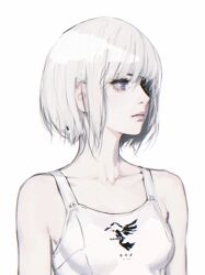 Rule 34 | 1girl, bare arms, bare shoulders, breasts, d.k, grey hair, one eye covered, pale skin, print eyepatch, punishing: gray raven, purple eyes, shirt, short hair, sidelocks, small breasts, solo, suspenders, vanessa (punishing: gray raven), white background, white shirt